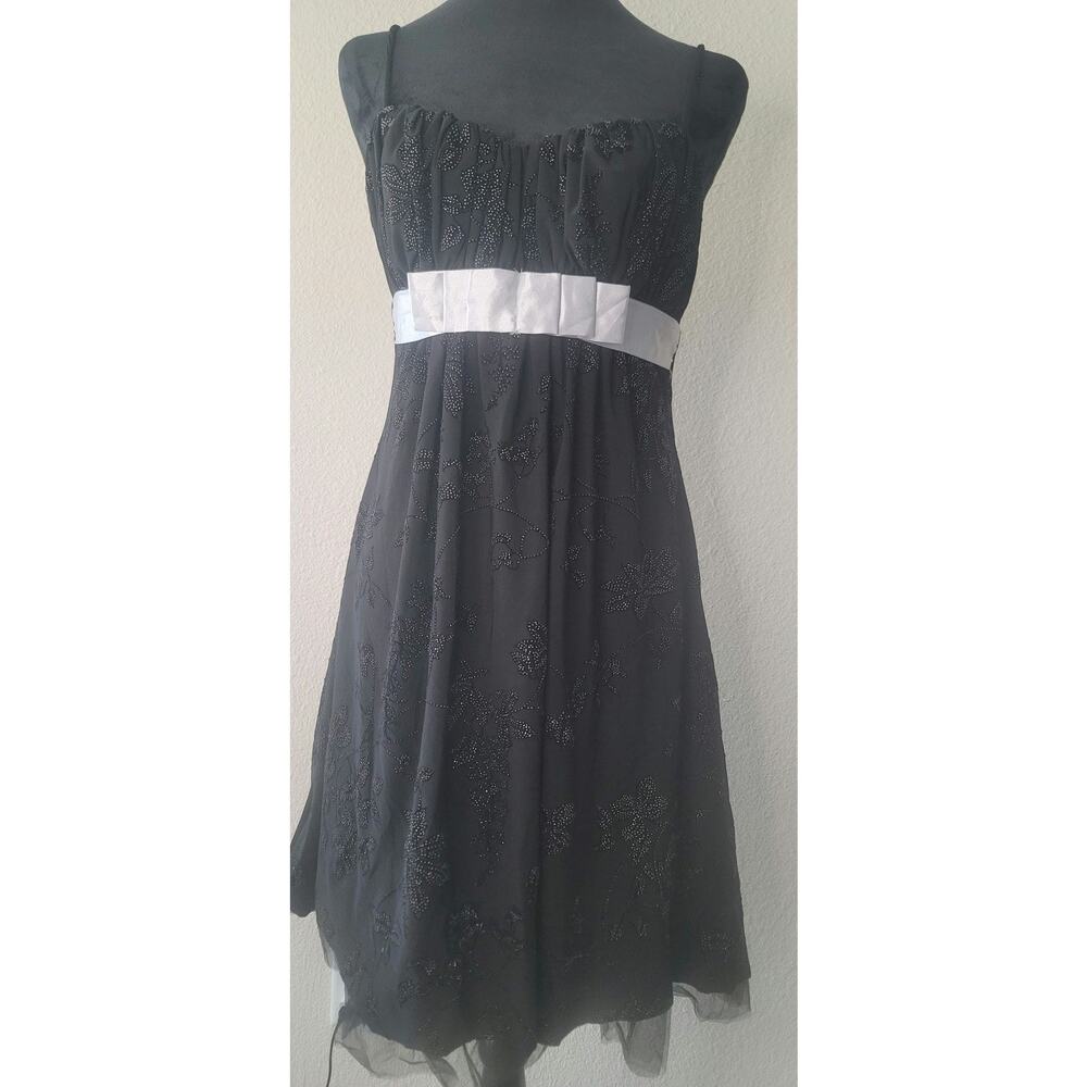 Y2K Black Beaded Spaghetti Strap Dress Milkmaid Empire Goth Party Prom Size S